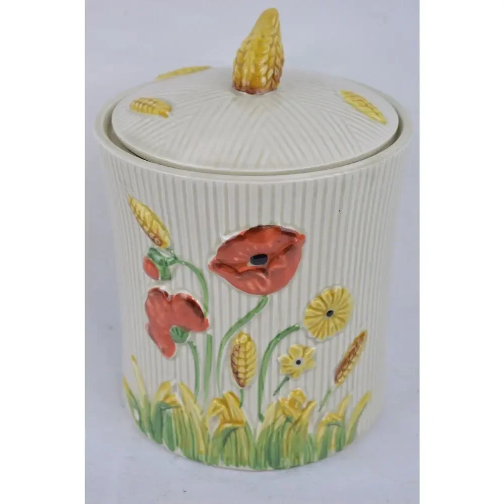 Vintage Lefton Poppy Garden Ceramic Canisters Set 2 Japan Floral Wheat Jars